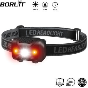BORUiT 3W Powerfull Mini Headlamp Red Light LED Headlight 4-Mode Waterproof Head Torch Camping Hunting Flashlight AAA Battery