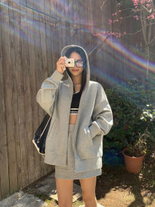 Pusumede Grey Hooded Cardigan Womens Loose Zip up Sweatshirt 65 Fold Discount Casual Comfortable Cotton Polyester Blend