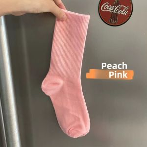 Pink Socks Pure Cotton Sporty Womens Mid-Calf Spring Autumn Summer Trendy Long Socks Moisture Wicking Solid Color Three Pairs