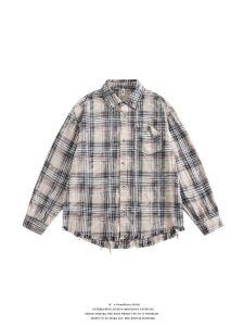 American Retro Worn Raw Edge Long Sleeves Gingham Shirt Men and Women Same Style Loose Easiest for Match Sun Protection Cardigan Coat Top