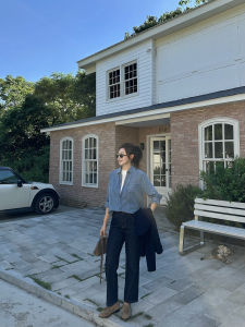 AIMURSE Casual Denim Jeans Straight Leg Nine-Tenths Loose Fit Womens Cotton Pants Deep Blue Color Breathable Comfortable