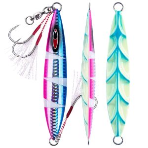 Goture Slow Jig Fishing Lure 100g 150g 250g Flat Fall Luminous Lead jigging Lure Saltwater Artificial Lure with Two Assist Hook