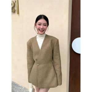 Loose Womens Woolen Coat V-neck Mid-length Autumn Winter Fashion New Chinese Style Middletown Big Coat for Young Women
