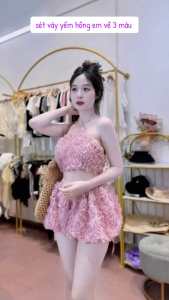 MK_Set đồ nữ đi biển xinh set thiết kế Đính hoa áo cổ yếm ôm phối quần váy bí bồng dễ thương