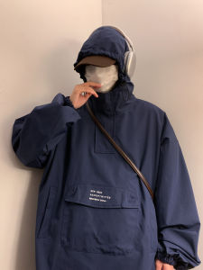 เสื้อแจ็คเก็ตแบบสวมหัวมีซิปครึ่งตัวสำหรับผู้ชาย ฤดูใบไม้ผลิและฤดูใบไม้ร่วง สไตล์อเมริกัน เสื้อคลุมกันหนาวแบบสวมหัวสำหรับกลางแจ้ง เสื้อสเวตเตอร์คู่รักกลางแจ้ง