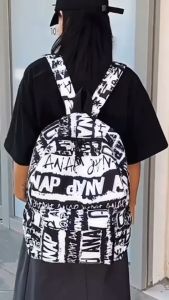 กระเป๋าเป้สะพายหลัง ลายอักษร ลวดลายสไตล์วินเทจ สะพายแล้วเท่ พร้อมส่ง 4 แบบ