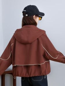 Korean Style Womens Short Coat Jacket Spring New Loose Fit Hooded Casual Overcoat Top for Small Figures with Pockets