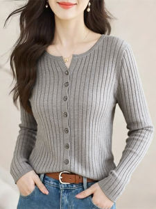 XUNYI | Áo Cardigan Len Sọc Cổ V Phong Cách Hàn Quốc