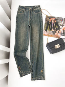 กางเกงยีนส์ทรงตรงสีเทา Conrete สำหรับผู้หญิงในช่วงฤดูร้อนปี 2024 กางเกงขายาวทรงตรงสไตล์ย้อนยุคสำหรับผู้หญิงไซส์เล็ก