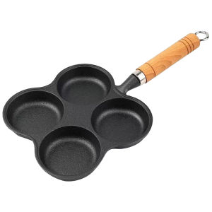 4-Hole Egg Pancake Steak Cooking Pan Wooden Handle Non Stick Hamburg Bread Breakfast Maker Multifunction Hamburger Steak Pan Suitable for Gas Stove Induction Cooker