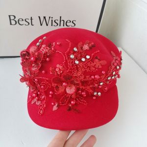 New Year Red Hat Female Fashion Rhinestone Sequins Flower Peaked Cap Newsboy Cap Autumn Winter Wool Octagonal Cap
