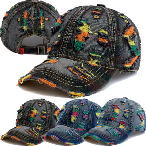 ผู้หญิงสไตล์ใหม่หมวกฉีกขาดสไตล์ Vintage เส้นสีสันเบสบอลหมวกหญิงสบายๆกลางแจ้ง Streetwear Denim หมวก