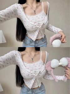 Pure Desire Floral Halter Vest Top And Cardigan Two-Piece Set Retro French Girl School Uniform Mix Match Autumn Commute Style