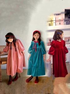 Festive Elegant Retro Style Girls Long Sleeve Velvet Dress