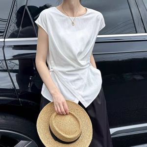 Navy Short Flutter Sleeve Asymmetrical Cross-over T-shirt