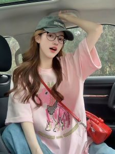 XIAOQIAOJIA | Dopamine Pink Print Shoulder Short Sleeve T-Shirt Womens Loose Slimming Fashionable Casual Top Korean Style Summer Leisure