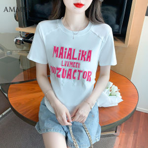 AMMIN summer new simple round neck fashion hot print bright diamond letter print short sleeve casual cotton T-shirt woman Korean style personality splicing comfortable slim elegant blouse