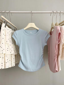 Blue Cotton Short Sleeve Slim Fit T-Shirt Womens Summer Fashionable Compact Design Korean Style round Neck Casual Top