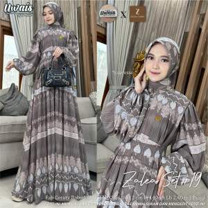 UWAIS | Zalea Dress Set Hijab Segiempat / Dress Pesta Lebaran Bahan Ceruty Motif Full Furing Line A Mayung Resleting Depan Busui Lengan Balon LD 112 cm muat hingga BB 70kg