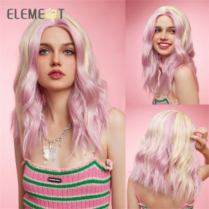 ELEMENT Classic Synthetic Medium Wavy Curly Blonde Mixed Pink Middle Bob Wigs for Women Ladies Heat Resistant Party Daily Use