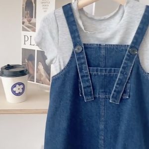 kyiibaby Girls fashion agaric edge short sleeve T - shirt + lace denim strap skirt set kybb175