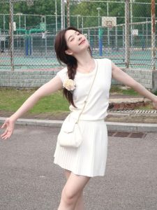 Summer Womens Sweet Milk Series Two-Piece Set Cute Plump Age-Reducing Dress High Waist Gingham Skirt Short Sleeve round Neck