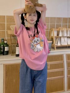 Light Pink Pure Cotton Short Sleeve T-Shirt Womens Summer Loose Design Sense Midi Slimming Top Korean Style Commute