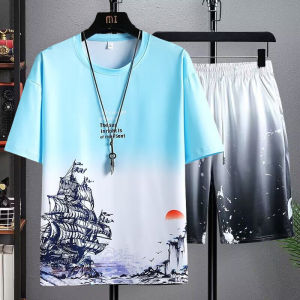 Summer Menswear Fashion New Arrival Trendy Ice Silk Suit Ins Casual Easiest for Match a Set of Teenagers Men Loose T-shirt