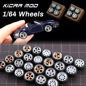 1/64 Scale Model Car Refitting Parts - 4 Sets ABS Wheels with Rubber Tires (Front Small/Rear Large) for Hot Wheels  Sports Car
