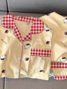 Hellokitty Womens Sleepwear Set Milk Silk Casual Home Clothes Yellow Cartoon Print Long Sleeve Long Pants Autumn Season