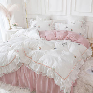 INS Internet Popular Embroidery Pure Cotton Four-Piece Set 100 Cotton Princess Style Young Adult Heart Ruffles Quilt Cover Bed Skirt Scandinavian
