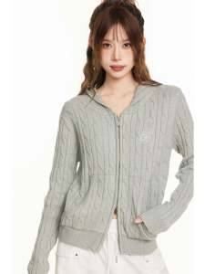 เสื้อคาร์ดิแกนถักแขนยาวทรงเข้ารูปสีเทา แจ็คเก็ตมีฮู้ดแบบมีซิปสองทาง แฟชั่นฤดูใบไม้ผลิและฤดูใบไม้ร่วงสำหรับผู้หญิง