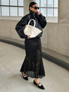HH 2026 Spring Summer Skirt For Women Lace Hem Skirt Side Zipper High Waist Slit Midi Skirts Fashion High Street Lady Chic Skirt