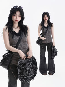 Amer Retro Metallic Studs Waist-tightening Pleats Sleeveless Vest
