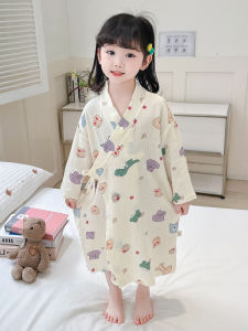 Girls Cotton Pajamas Summer Thin Long Sleeve Home Clothes Robe Baby All-in-One Bath Towel Lightweight Breathable Kids Cartoon Pyjamas