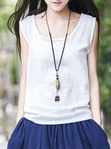Loose Cotton Linen Sleeveless Vest Women Summer New Style Strap Top Ethnic Flavour Inner Wear Base Shirt Commute Pure Color