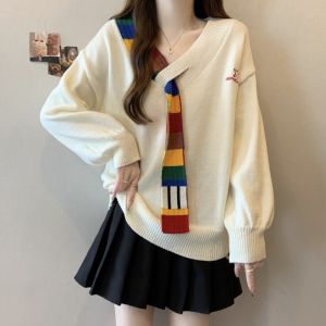 Áo Len Dệt Kim Dài Tay Màu Cầu Vồng Cho Nữ Mùa Xuân Thu Cỡ Lớn Thời Trang Đẹp Cổ Chữ V Thắt Lưng Lụa Mềm Mại Thoải Mái