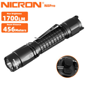NICRON ไฟฉายแบบชาร์จไฟได้ N8pro ไฟฉายกล1700ลูเมนพร้อมการควบคุมสวิตช์คู่6โหมดไฟฉายกันน้ำ IP68ที่มีระยะห่างลำแสงยาว456เมตรพร้อมกระเป๋าไฟฉายสำหรับเกมยุทธวิธีกลางแจ้งการตั้งแคมป์การฉุกเฉิน EDC