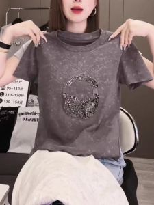 Slimming Dyeing Heavy Work round Neck Rhinestone Womens Top High-End Feeling Summer New Style Korean Version Straight Tube