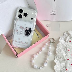 Sanrio | Cute Cartoon Sanrio Angel Demon Hello Kitty Bow Phone Case For iPhone 17 16 15 13 14 Pro Max Cases Soft TPU Cover With Lanyard