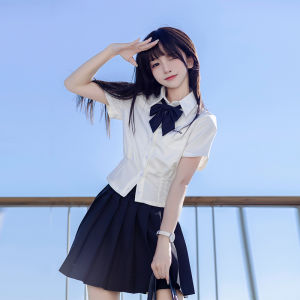 Original Jk Shirt Womens Thai School Uniform Blue Top Summer Short Sleeve Slim Fit Waist Cinched Shirt Set Sweet Style Short Skirt Pure Color