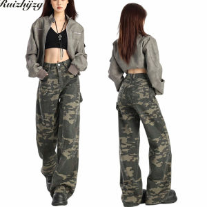 Ruizhijzg กางเกงยีนส์ลายพรางเอวต่ำของผู้หญิงกางเกงยีนส์เข้ารูปพอดีใส่ทำงานลำลองกางเกงขายาวเอวติดกระดุมลายพรางสีเขียวทหารกางเกงยีนส์เดนิมลำลอง