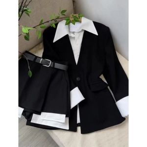2024 Spring plus Size Matching a Whole Suit Fashion Korean Fake Two-Piece Slimming Suit High Waist Culottes Two-piece Set