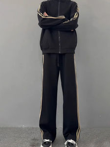 Jiaxun | Black Three-Stripes Loose Fit Spring Autumn Youth Fashion Casual Sport Suit