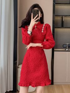 Red Vintage Cheongsam Dress Wedding Dress Engagement Dress Evening Gown Long Sleeve High Waist Elegant Style for Wedding And Banquet