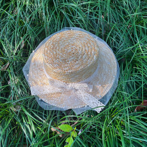 Cute Childrens Straw Hat Pearl Lace Flat Top Large Brim Sun Hat Princess Style Outing Cap Boy Girl Universal Fashionable Hat