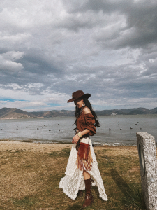 Retro Wind Gouhua Cut Out Ruffles Asymmetrical Midi Dress in Polyester for Women with High Waist and Pure Color Pattern