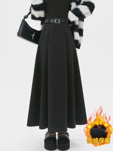 Thickened Fleece Black Woolen Suit Skirt Womens Autumn Winter High Waist Draping A-Line Umbrella Long Skirt Commute Style