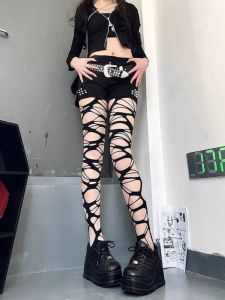 Y2k /năm 2000 Phong Cách Punk Vớ Lưới Rỗng Ra Ngoài Nữ Màu Đen Gothic Fishnet Quần Tất Hủy Diệt Không Đều Gợi Cảm Quần Áo Định Hình