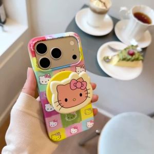 Sanrio | Ốp Điện Thoại Hello Kitty Có Giá Đỡ Từ Tính Màu Sắc Lưới Chống Sốc Hoạt Hình Dễ Thương Tương Thích Sạc Không Dây Chất Liệu Acrylic
